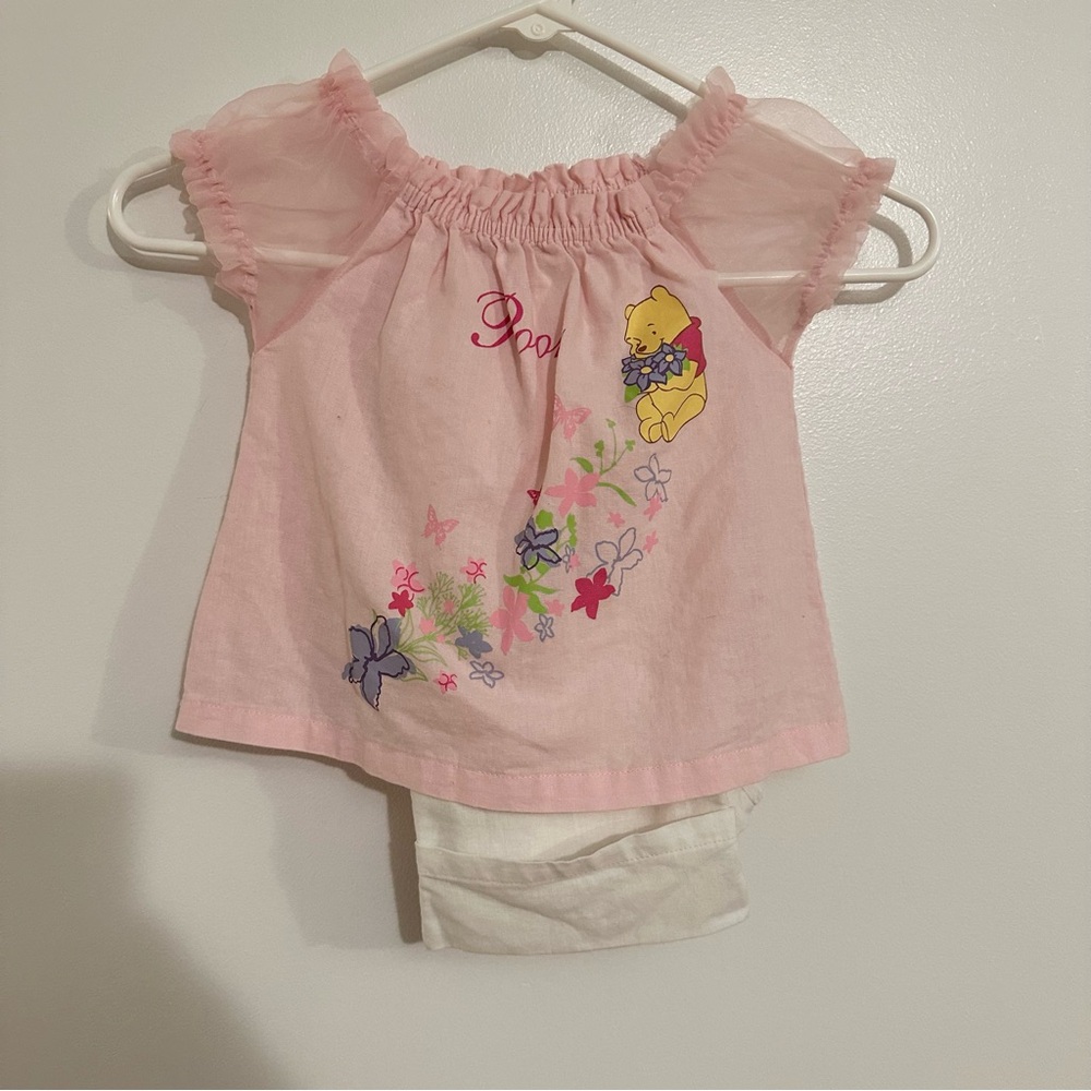 Vtg Y2K Winnie The Pooh Disney Sheer Sleeve Pastel Pink 2 Pc Outfit Set Linen 3T